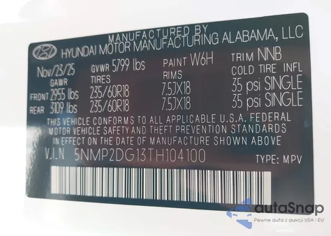 2026 Hyundai Santa Fe Hybrid Sel z USA, uszkodzony, nr VIN 5NMP2DG13TH104100